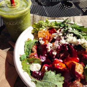 New England Harvest salad with tofu and a side Tropi-kale smoothie!